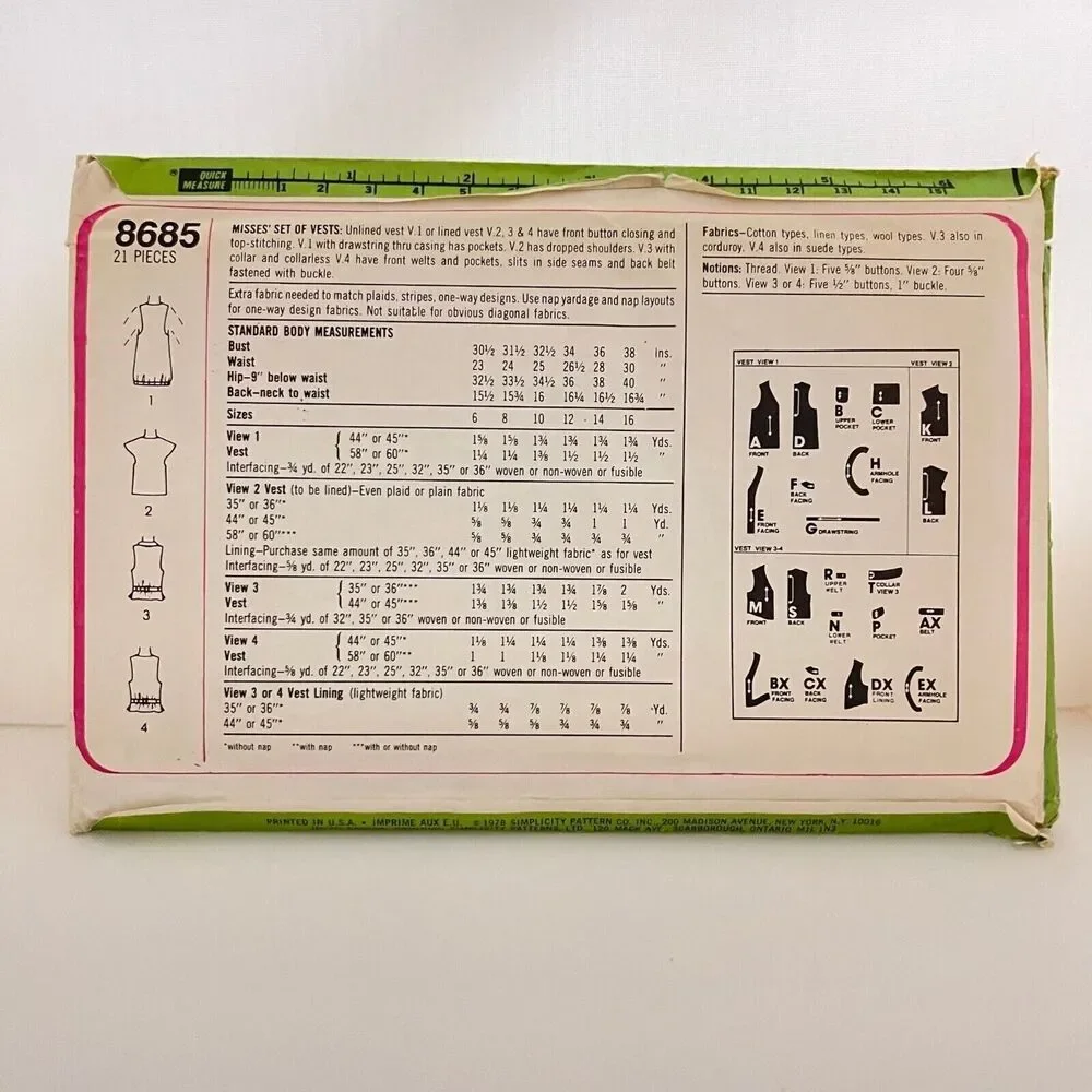 #8685 Simplicity Misses Set of Vests Sewing Pattern Size 12